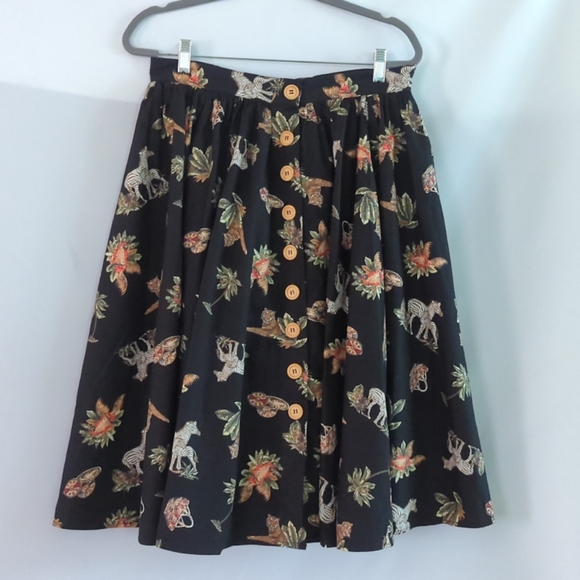 Hell Bunny Dresses & Skirts - Hell Bunny Black Safari Jungle Print Midi Cotton Swing Skirt Size L (UK 14) NEW